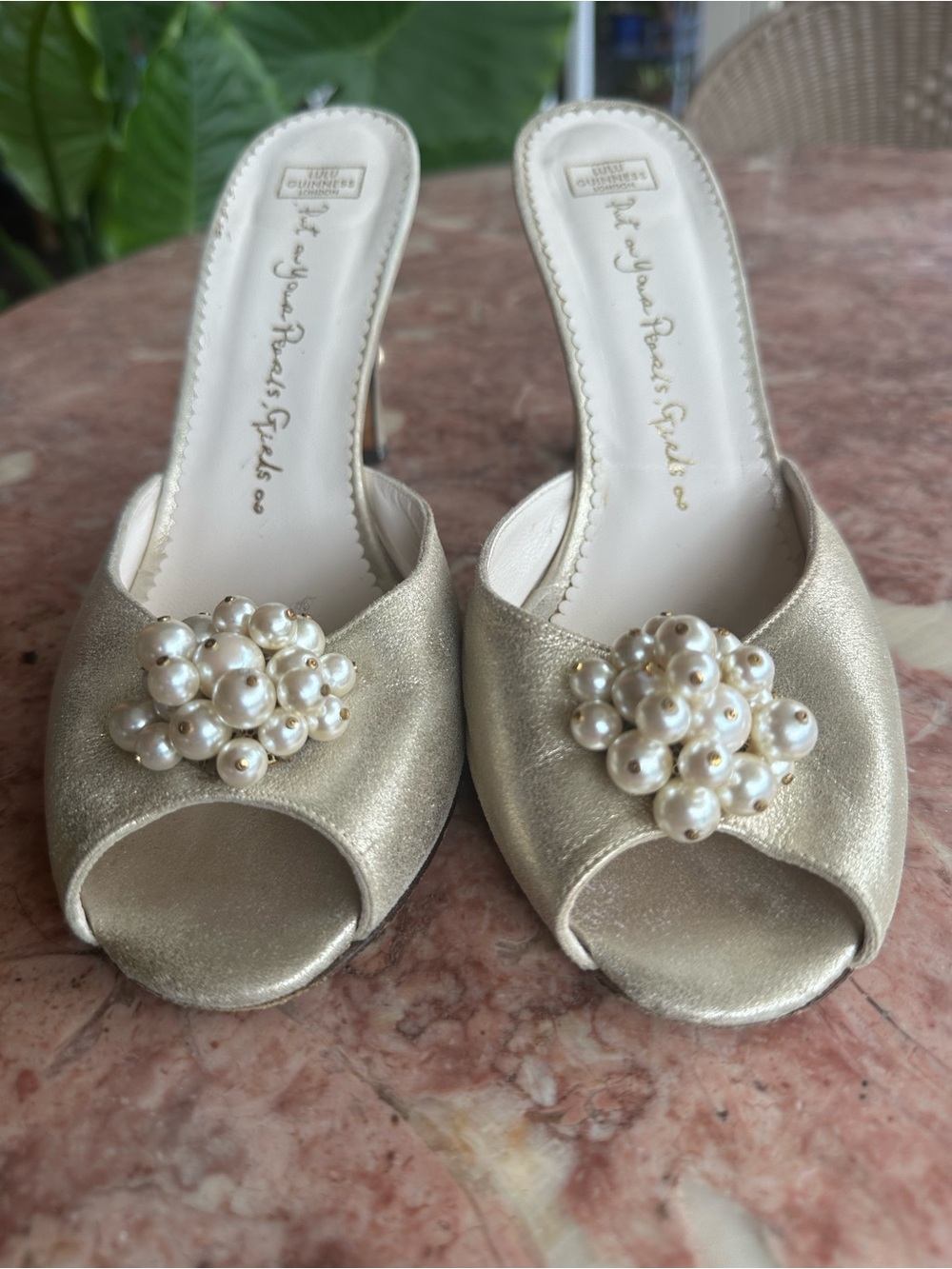 Lulu Guinness Gold Pearl Embellished Peep-Toe Heels - Women Shoes